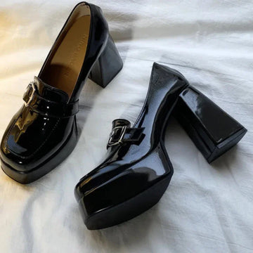 Xajzpa Heels Lolita Shoes Chunky Platform Shoes Loafers Heel Patent Leather Slip On Casual Shoes Women Lady Office Shoes Black Heels